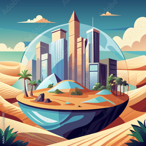 Desert Oasis City in a Protective Bubble: A Conceptual Illustration of Urban Sustainability and Climate Control Amidst Arid Dunes
