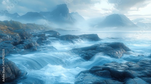 Misty mountain coastal scene with flowing water