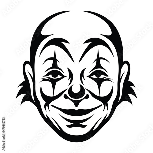 A stylized black and white illustration of a smiling clown face