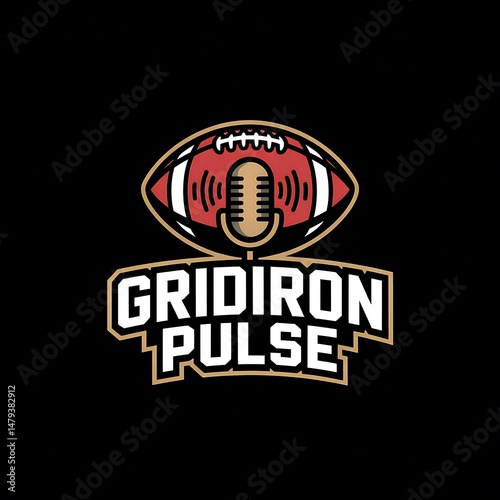 Dynamic sports podcast logo featuring an American football with a vintage microphone at its center emphasizing energy and communication