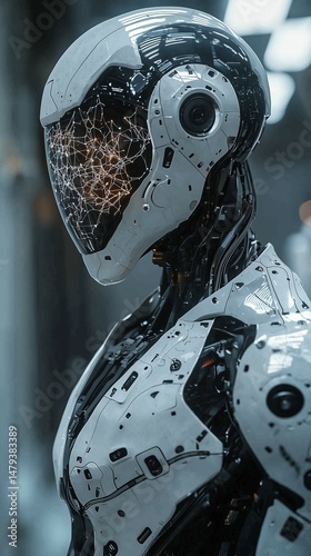 A highly detailed AI robot featuring a transparent skull revealing a glowing neural network, set in a sleek, high-tech laboratory environment.