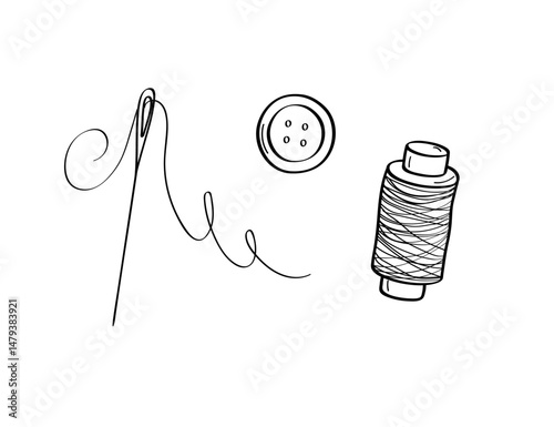 A set of items for sewing and needlework. Doodle icons are a button, a spool of thread and a needle. Vector illustration on a white background.
