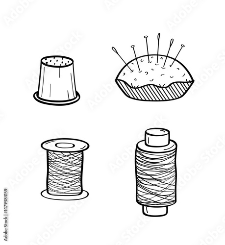 A set of items for sewing and needlework. Doodle icons, a spool of thread and a needle. Vector illustration on a white background.