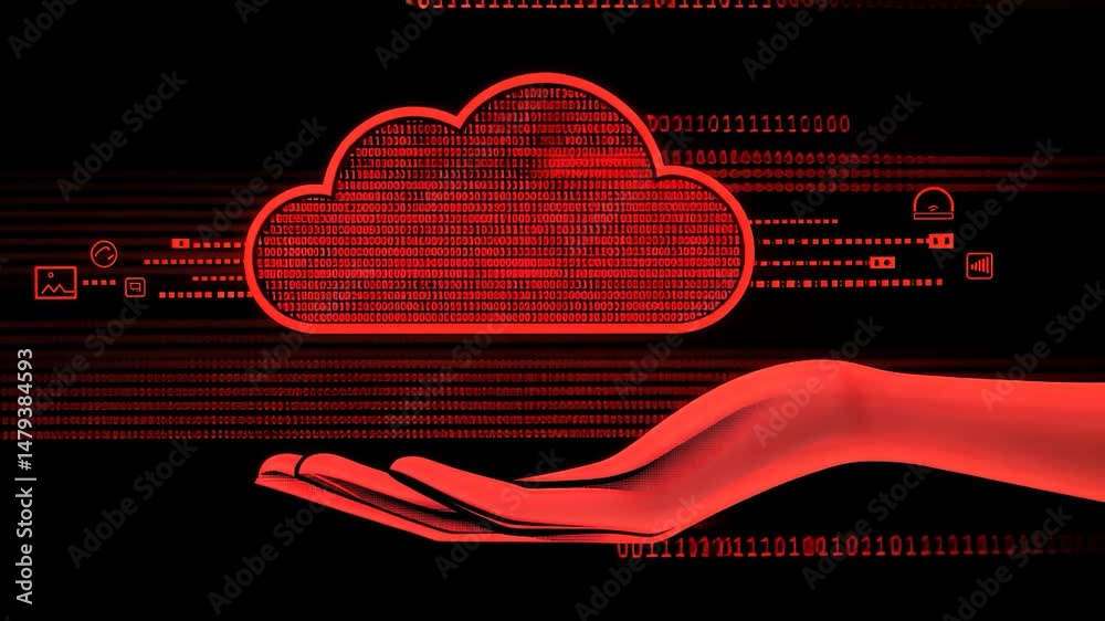 Red cloud graphic held by a hand, data symbols.