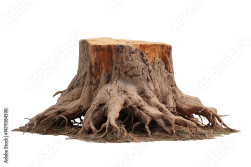Detailed Close Up Of A Weathered Tree Stump With Exposed Roots On Transparent Background