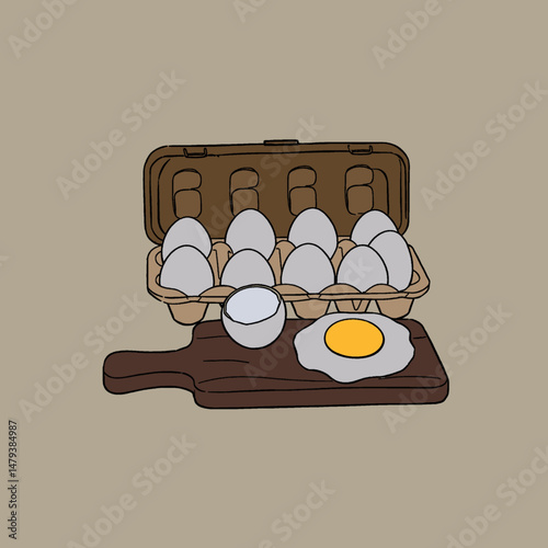 Chicken eggs in packaging. Fresh brown eggs in paper box, container. Fresh raw eggs whole and broken in white and yellow. Vector illustration. Flat cartoon style. Breakfast, organic farm food concept.