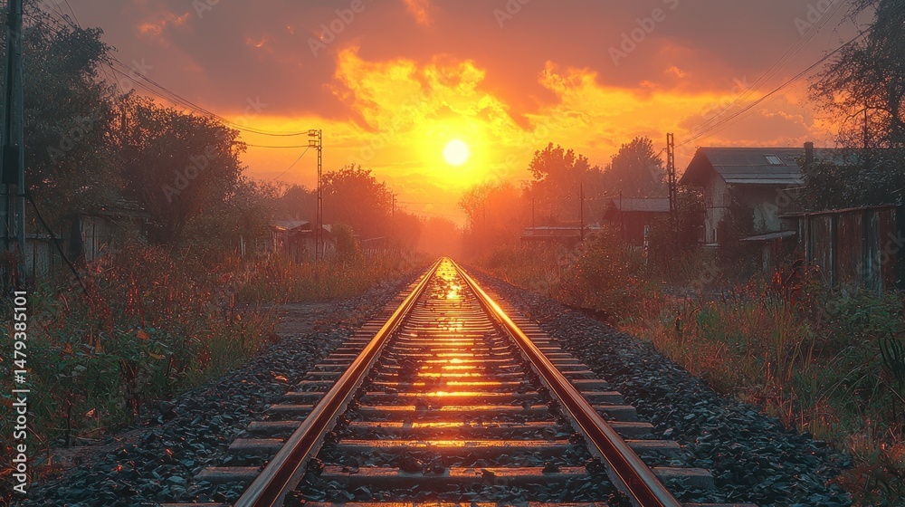Fototapeta premium Golden sunset over train tracks