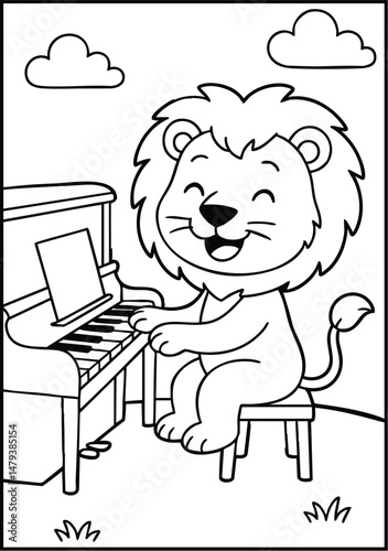 cute cartoon lion happily playing the piano