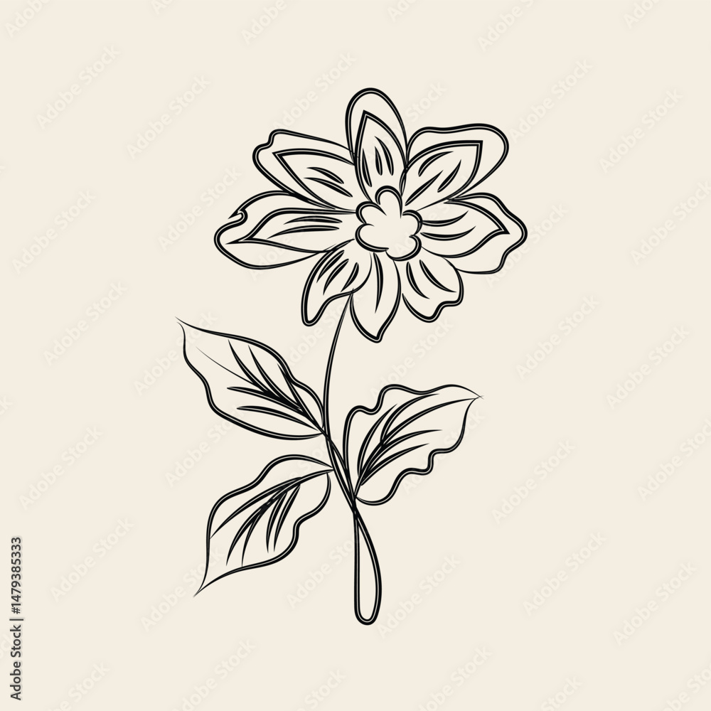 Obraz premium Elegant Black Line Art Flower with Leaves Botanical Illustration