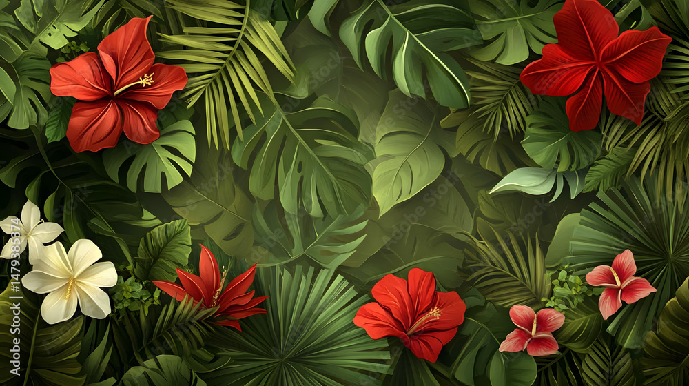 Lush Tropical Blooms: Red & White Hibiscus