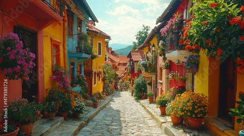 Colorful European town street lined with vibrant flowers and brightly painted houses