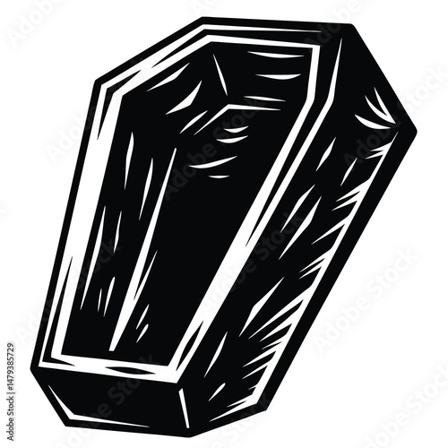 Monochrome Illustration of Open Coffin with Woodcut Style and Dramatic Lighting