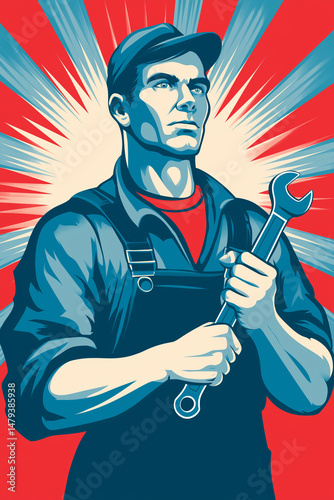 flat vector art of a strong worker holding a wrench, sunburst background, retro propaganda poster style, Labor Day