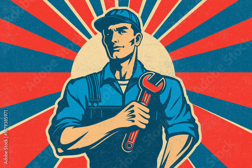 flat vector art of a strong worker holding a wrench, sunburst background, retro propaganda poster style, Labor Day