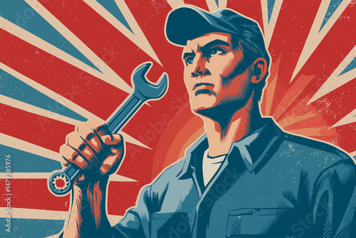flat vector art of a strong worker holding a wrench, sunburst background, retro propaganda poster style, Labor Day