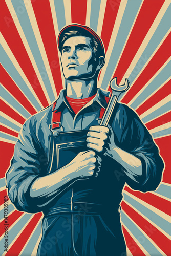 flat vector art of a strong worker holding a wrench, sunburst background, retro propaganda poster style, Labor Day