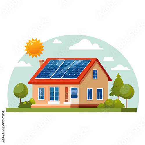 solar panels on the roof on the single-family home future environment vector clip art design illustration