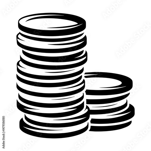 Stylized black and white illustration of stacked coins representing wealth accumulation