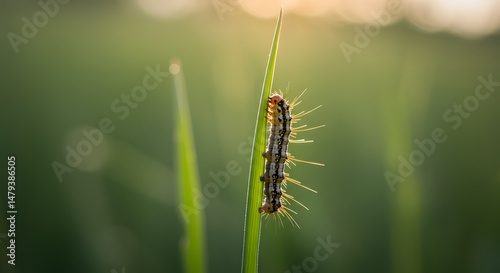 Caterpillar Crawling on Grass Blade, Bright Daylight Focus