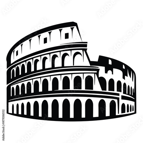 Black and white graphic depiction of the Colosseum in Rome Italy