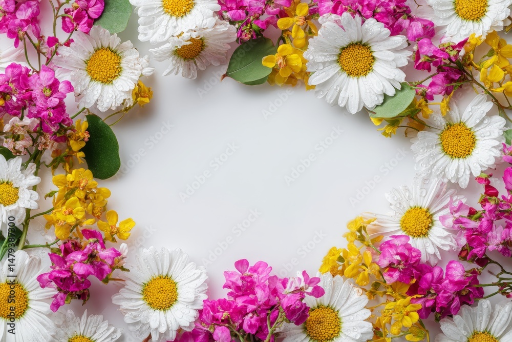 Fototapeta premium Colorful flower arrangement creating a circular frame on a plain background.
