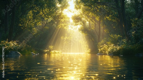 Sunlight streams through a lush forest canopy onto a tranquil river