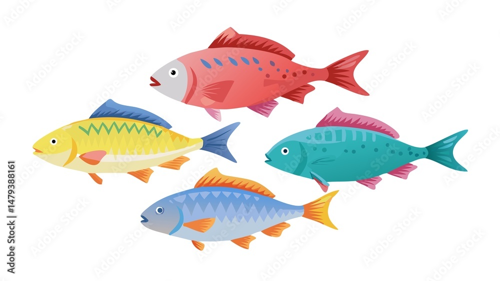 Fototapeta premium Colorful vector illustration featuring five stylized cartoon fish of various bright colors and decorative patterns JPG.