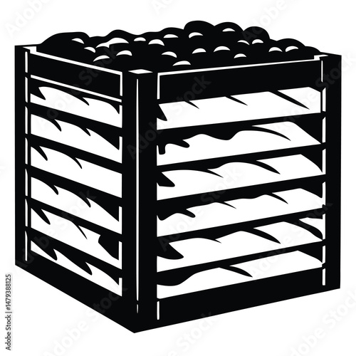 Black and white image of compost container full of decomposing material