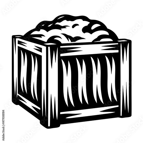 Bold black and white illustration of a wooden crate filled to capacity
