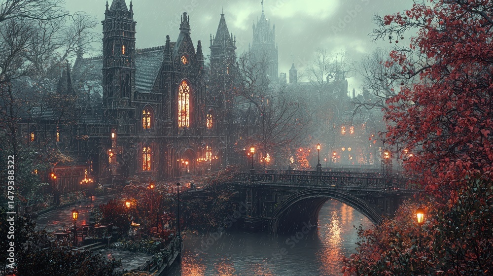 Fototapeta premium Misty autumn evening scene, gothic architecture along a canal