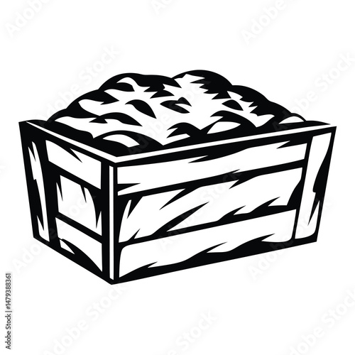 Black and white illustration of a wooden crate overflowing with contents