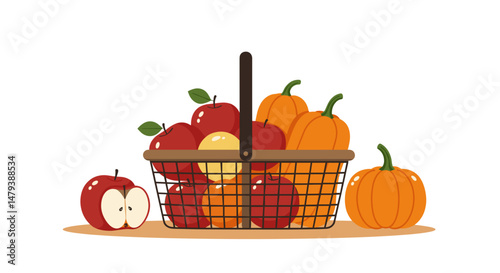 Fruit basket with apples and pumpkins on white background