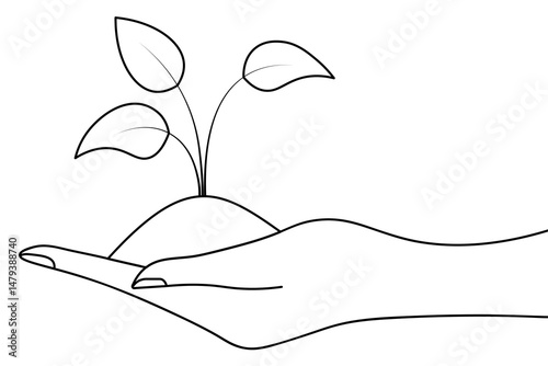 Palm and sprout. Sketch. On a human hand there is a handful of soil and a sprout with three leaves that has grown out of it. Vector illustration. Outline on an isolated white background. Doodle style.