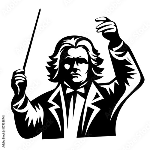 Monochrome Illustration of a Conductor Leading an Orchestra with Passion and Precision