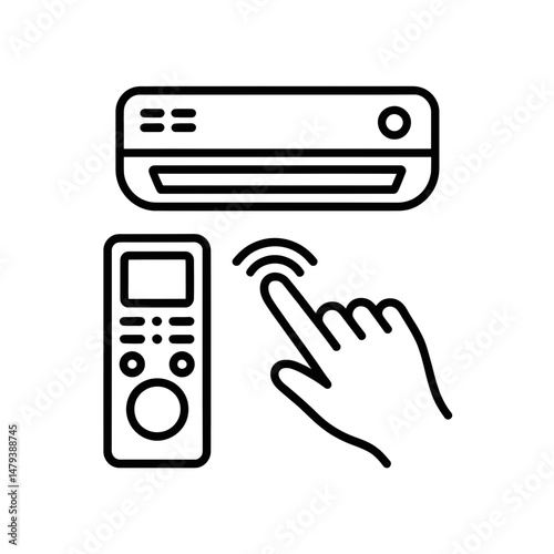 A simple black icon depicts a hand interacting with a remote control device below an air conditioning unit.