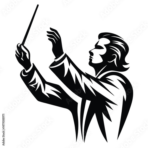 Majestic Orchestra Conductor in Monochrome Silhouette Directing with Passion and Precision