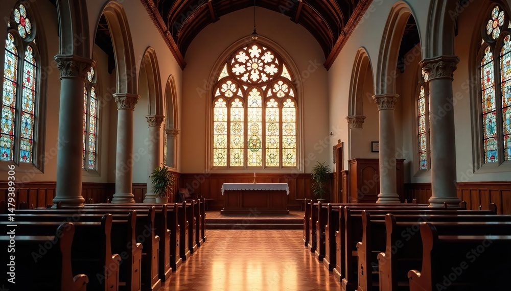 Fototapeta premium Serene interior of a traditional church Stained glass, altar, pews, peaceful atmosphere , altar, religious building, devotion