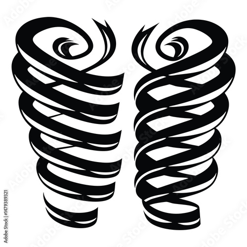 Two stylized spirals of ribbonlike shapes in black and white design photo