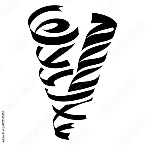 Black and white abstract swirling ribbon design with vortex appearance and simple shapes