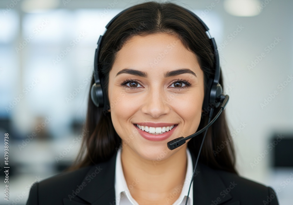 Smiling woman with headset works in customer service or technical support environment Smiling woman with headset works in customer service or technical support environment