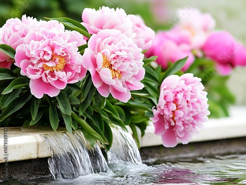 Beautiful Pink Peonies Blooming Near a Cascading Waterfall in a Serene Garden