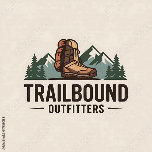 Outdoor Adventure Outfitters Logo Design Featuring Hiking Boot Backpack and Mountains