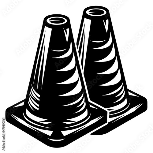 Two traffic cones isolated on white, a vector illustration in black and white