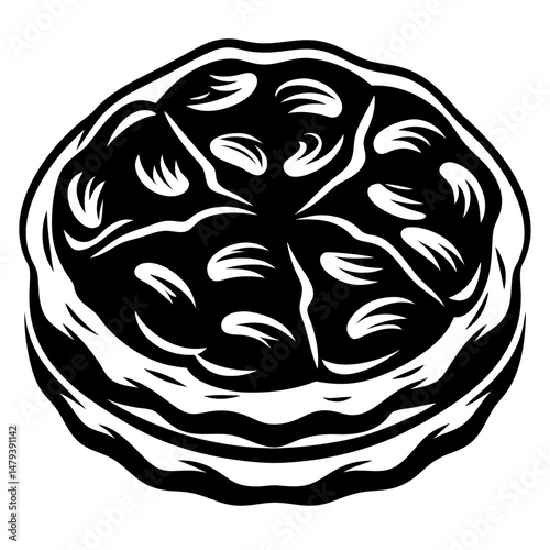 Monochrome top down drawing of a fruit tart with multiple slices