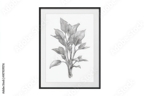Monochromatic botanical illustration of a plant with large leaves, elegantly framed.  A grayscale study in form and texture.