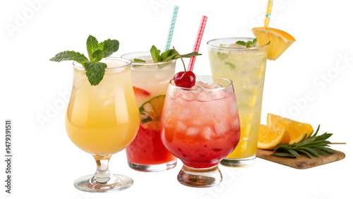 Set bundle of vibrant colorful refreshing cocktails PNG transparent background isolated. Sex on the beach, Pina Colada, Planters Punch, Bahama Mama exotic summer cocktail in Poco Grande glass