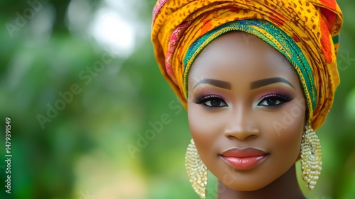 Beautiful woman in gel headdress, natural green background, Pan-Africanism, Africa Day, Youth Day, Kwanzaa, horizontal banner with space for text