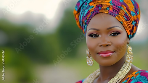 Beautiful woman in gel headdress, natural green background, Pan-Africanism, Kwanzaa, Africa Day, Youth Day, horizontal banner with space for text