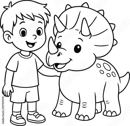 cute boy petting a friendly triceratops dinosaur