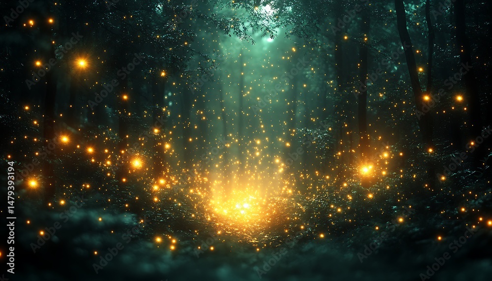 Naklejka premium Mystical forest glowing with fireflies